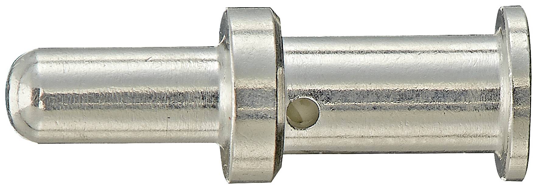 Ein silberner Metallstift mit zwei umlaufenden Ringen und einem Loch in der Mitte, möglicherweise ein Teil eines mechanischen Systems.