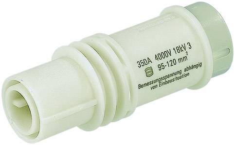 Ein weißer Keramik-Akkuadapter mit der Aufschrift '350A 4000V 18kV 3'. Anpassbar von 95-120 mm, abhängig von der Einbausituation.