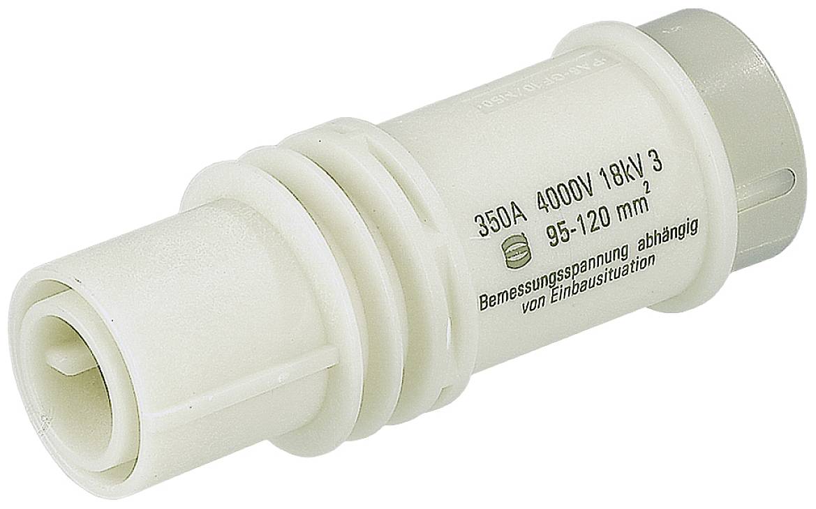 Ein weißer keramischer Sicherungshalter, beschriftet mit '350A 4000V 18kV 3', geeignet für Kabel von 95-120 mm.
