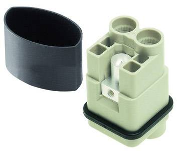 Ein rechteckiger, beige Steckverbinder mit schwarzen Gummidichtung und abnehmbarem Schutzdeckel, auf weißem Hintergrund.