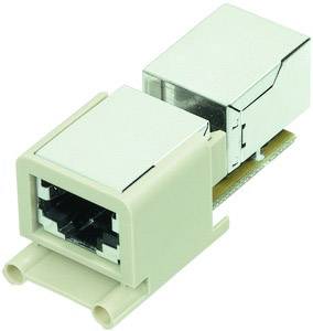 Ein RJ45-Netzwerkstecker in einer weißen Kunststoffabdeckung, verwendet zum Anschluss von Ethernet-Kabeln in Computernetzwerken.