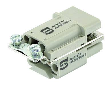 Ein rechteckiger Steckverbinder mit Metallkontaktteilen und Schraubverbindungen, geeignet für industrielle Anwendungen.