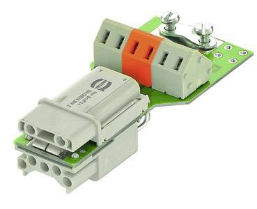 Elektronisches Bauteil mit grüner Platine, grauem Stecker und orangener Verriegelung. Oben zwei Schrauben zur Befestigung.