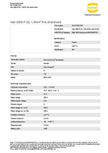 Harting Buchseneinsatz 09 12 008 2734 Inhalt: 1St.