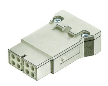 Metallischer Steckverbinder mit mehreren Anschlussöffnungen; robustes, rechteckiges Design mit Schraubverschlüssen zur Befestigung.