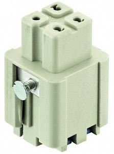 Graues, rechteckiges elektrisches Bauteil mit Schraube an der linken Seite, wahrscheinlich Teil eines Stecksystems oder Verbinders.