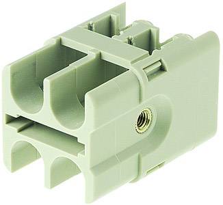 Grüner Kunststoffstecker mit zwei runden Buchsen und Metallgewinde an der Seite, geeignet für elektrische Verbindungen.