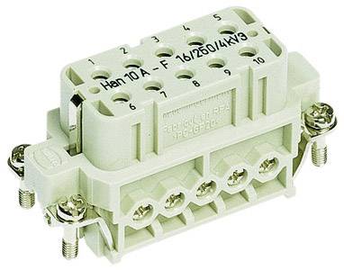 Ein rechteckiger elektrischer Steckverbinder mit mehreren Anschlussklemmen und Beschriftungen für technische Spezifikationen.