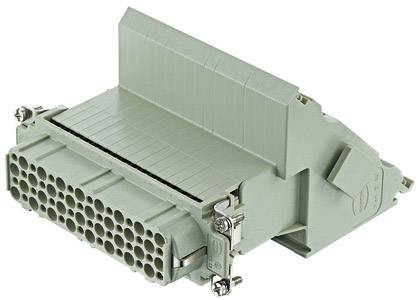 Ein mehrpoliger, grauer elektrischer Steckverbinder mit vielen Pins, verwendet in elektronischen Geräten für die Signalübertragung.