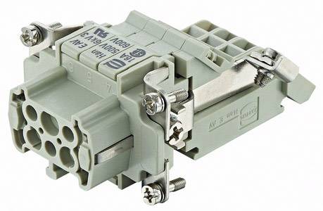 Ein grauer, modularer elektrischer Steckverbinder mit mehreren Anschlusspunkten und Metallbeschlägen, verwendet für industrielle Verkabelung.