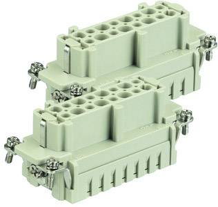 Zwei graue Elektroklemmen mit Schraubverbindungen, übereinander gestapelt; obere Klemme mit Löchern für Kabelanschlüsse.