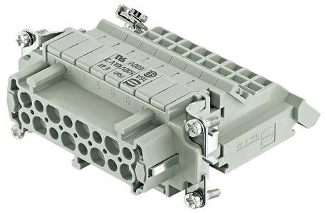 Grauer elektrischer Industriesteckverbinder mit mehreren Kabelführungen und Schraubbefestigungen. Hochbelastbar, für industrielle Anwendungen.