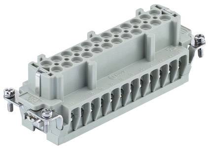 Elektrischer Stecker mit mehreren Anschlüssen, graues Gehäuse, zwei Schrauben an den Ecken für Befestigung.