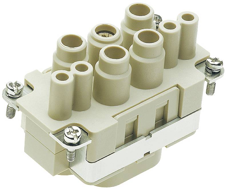 Beiger elektrischer Steckverbinder mit mehreren Anschlüssen und Metallschrauben an den Ecken zur Befestigung.