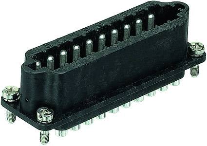 Ein rechteckiger, schwarzer elektrischer Stecker mit mehreren Metallstiften und Schraubverbindungen an jeder Ecke.