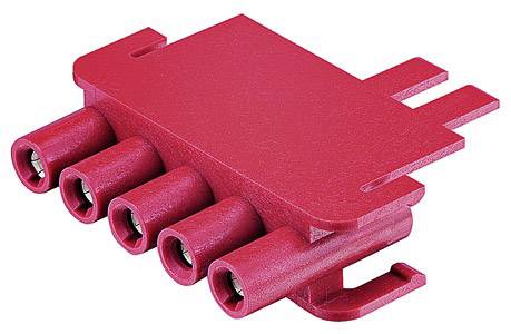 Roter Stecker mit vier kreisförmigen Eingängen, geeignet für elektrische Verbindungen in technischen oder elektronischen Anwendungen.