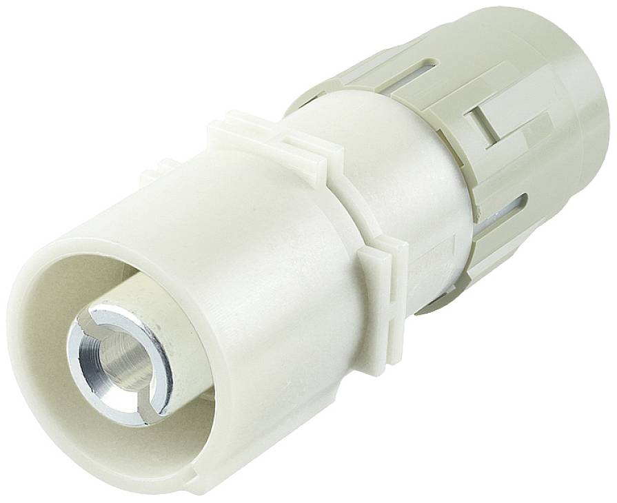 Weiße, zylindrische Kunststoffkupplung mit metallischem Innenteil, vermutlich ein Verbindungselement, das in der Elektronik oder Installation verwendet wird.
