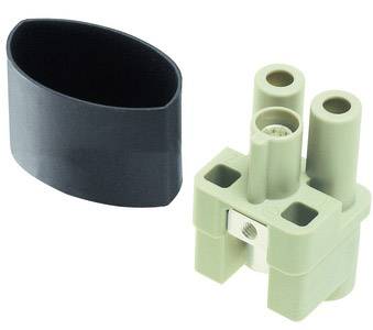 Ein grüner elektrischer Stecker mit zwei Löchern und einer Schraube, daneben eine schwarze ovale Abdeckung.