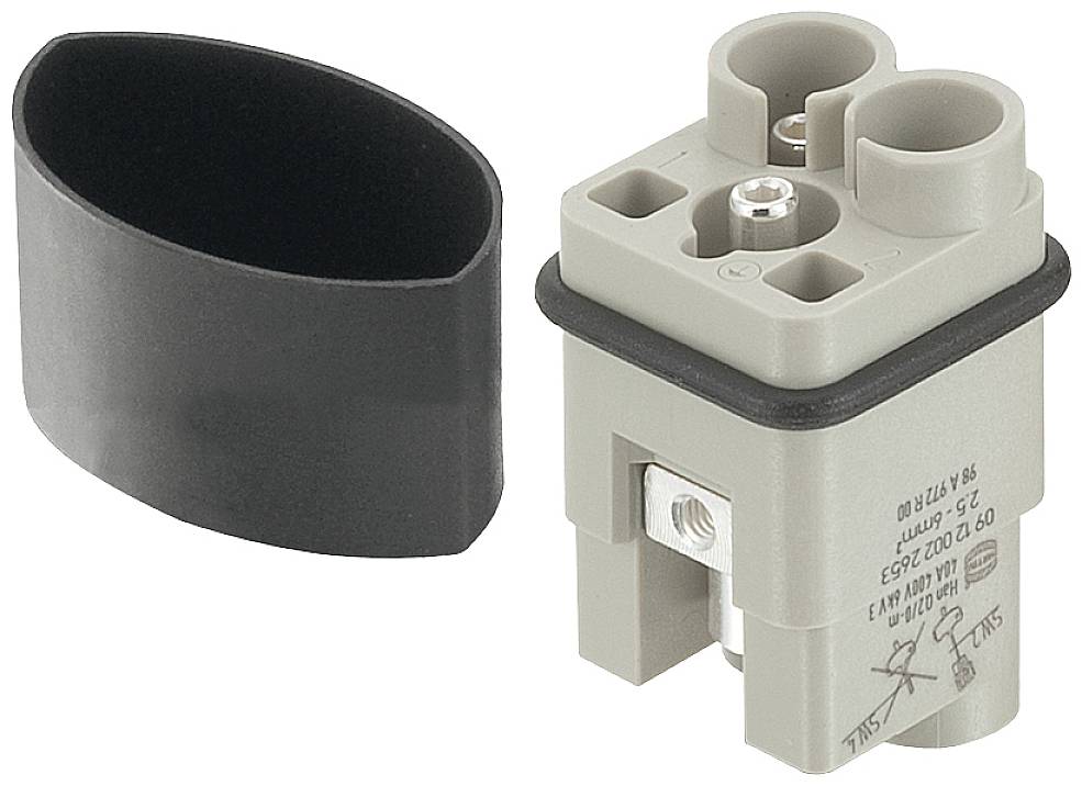 Kunststoff-Installationsdose mit zwei Kabelkanälen und schwarzer Abdeckkappe. Beschriftungen und Schrauben oben sichtbar.