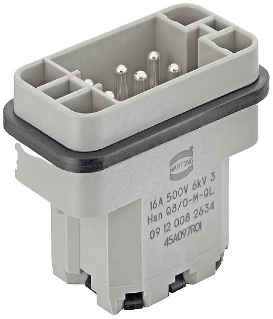 Grauer elektrischer Stecker mit mehreren runden Metallpins, Quadratstruktur; markiert mit '16A 500V 6kV 3' und Herstellerinformationen.