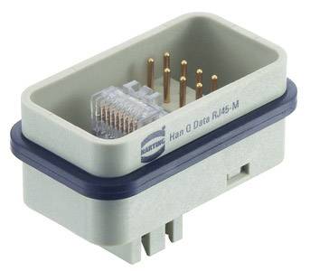 Ein rechteckiger, grauer Steckverbinder mit goldenen Pins und RJ45-Anschluss, von der Marke Harting, zur industriellen Datenübertragung.