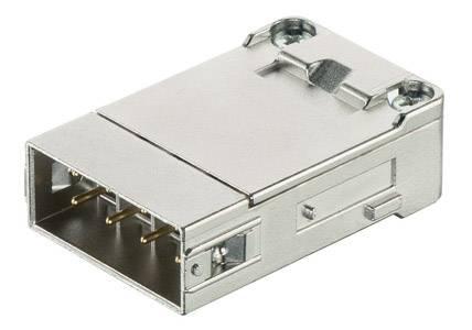 Metall-Steckverbinder, rechteckige Form, mit vier goldenen Pins, Schraublöcher zur Befestigung, verwendet für elektronische Verbindungen.