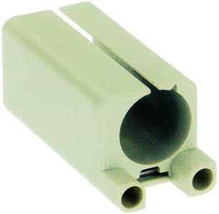 Plastikgehäuse mit zwei kleinen Öffnungen unten und einem großen runden Hohlraum oben, möglicherweise Teil einer elektrischen Verbindung.