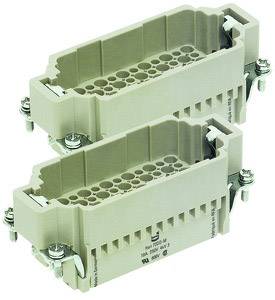 Zwei rechteckige elektrische Steckverbinder mit mehreren Kontaktöffnungen, Schraubklemmen an den Seiten und technischen Spezifikationen auf der Vorderseite.