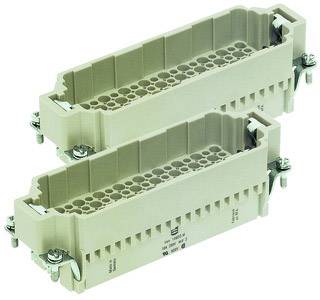 Zwei beige, rechteckige Steckerleisten mit mehreren runden Anschlüssen, nebeneinander liegend. Sie haben Schraubbefestigungen an den Ecken.