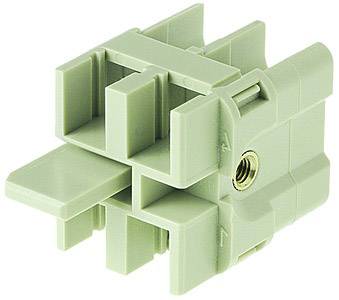 Ein grünes, blockförmiges Kunststoffteil mit mehreren Steckplätzen und einem metallischen Gewinde, möglicherweise ein elektrischer Verbinder.