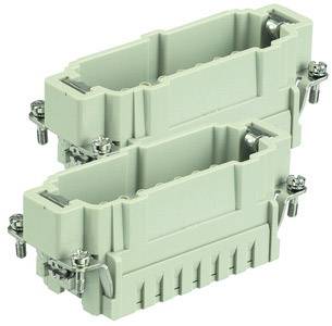 Zwei graue, rechteckige Steckverbindergehäuse übereinander gestapelt mit seitlichen Schraubbefestigungen, in industriellem Design.