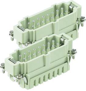 Zwei grüne elektrische Verbinder mit mehreren Stiften, übereinander angeordnet.