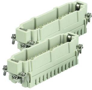 Zwei industrielle Steckverbinder in grauer Farbe, übereinander gestapelt. Sie haben mehrere Anschlusskontakte und Schrauben.