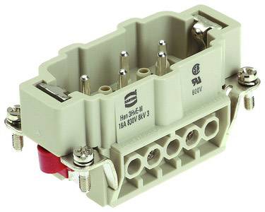 Industrieller Steckverbinder mit mehreren Metallstiften, grauem Gehäuse und Schraubanschlüssen für elektrische Verbindungen.