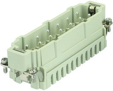 Ein rechteckiger, hellgrüner elektrischer Stecker mit mehreren Metallstiften und seitlichen Schrauben zur Befestigung.