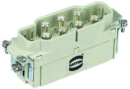 Ein rechteckiger Industriesteckverbinder mit mehreren runden Metallkontakten und dem Logo einer bekannten Marke auf der Seite.