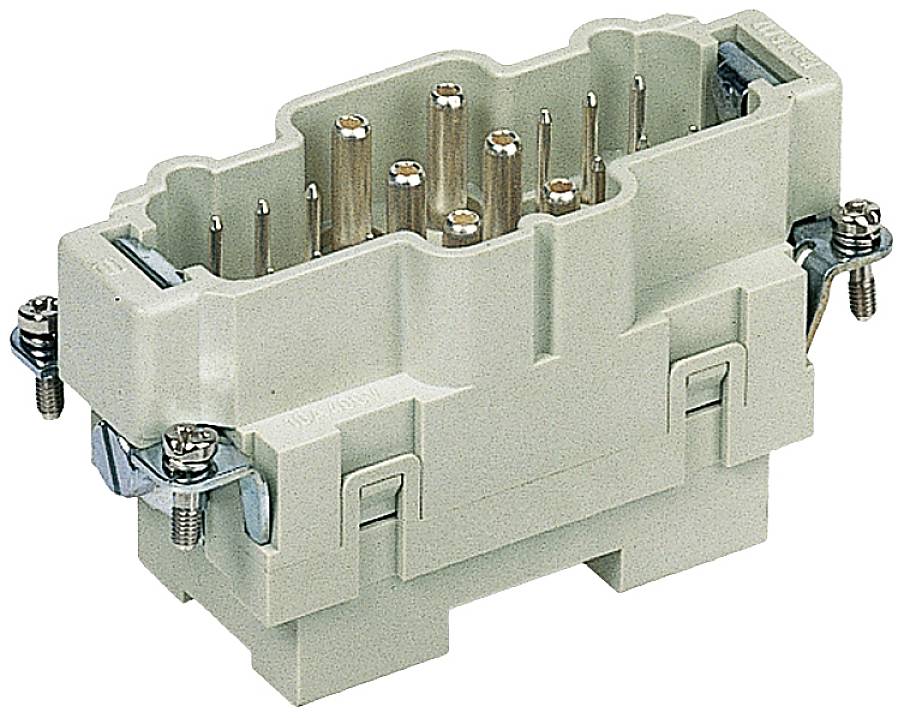 Rechteckiger multipoliger elektrischer Stecker mit Metallstiften, beige Kunststoffgehäuse und seitlichen Schraubverschlüssen.