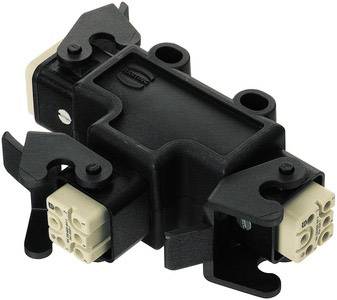 Ein schwarzes, rechteckiges Gerät mit Steckverbindern an beiden Enden, möglicherweise ein elektrischer oder mechanischer Verbinder.