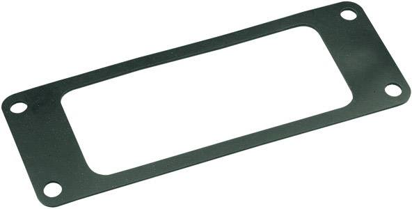 Ein rechteckiges, flaches, schwarzes Metallblech mit vier Löchern an den Ecken, möglicherweise eine Dichtung oder Halterung.