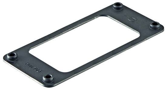 Rechteckige Metallplatte mit abgerundeten Ecken und vier Schraubenlöchern an den Ecken. Ein großes rechteckiges Loch ist in der Mitte.
