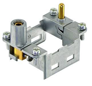 Ein Metallwinkelverbinder mit Schraubenlöchern und einem hervorstehenden, goldfarbenen Stift, zur Befestigung an elektrischen Geräten.