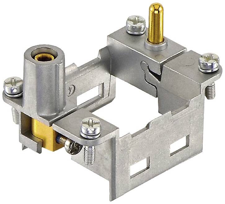 Ein Metallrahmen mit befestigten Schrauben und einem goldenen Anschluss, wahrscheinlich ein Teil einer elektrischen Schaltung oder Geräts.