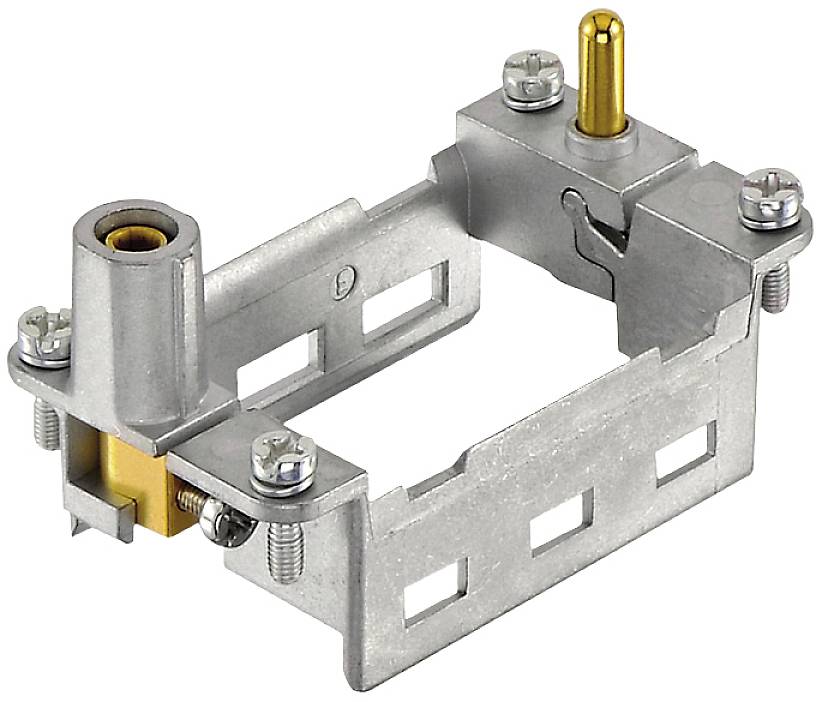Ein Metallhalter mit mehreren Schraubpunkten, geeignet zur Befestigung kleiner elektrischer Komponenten.