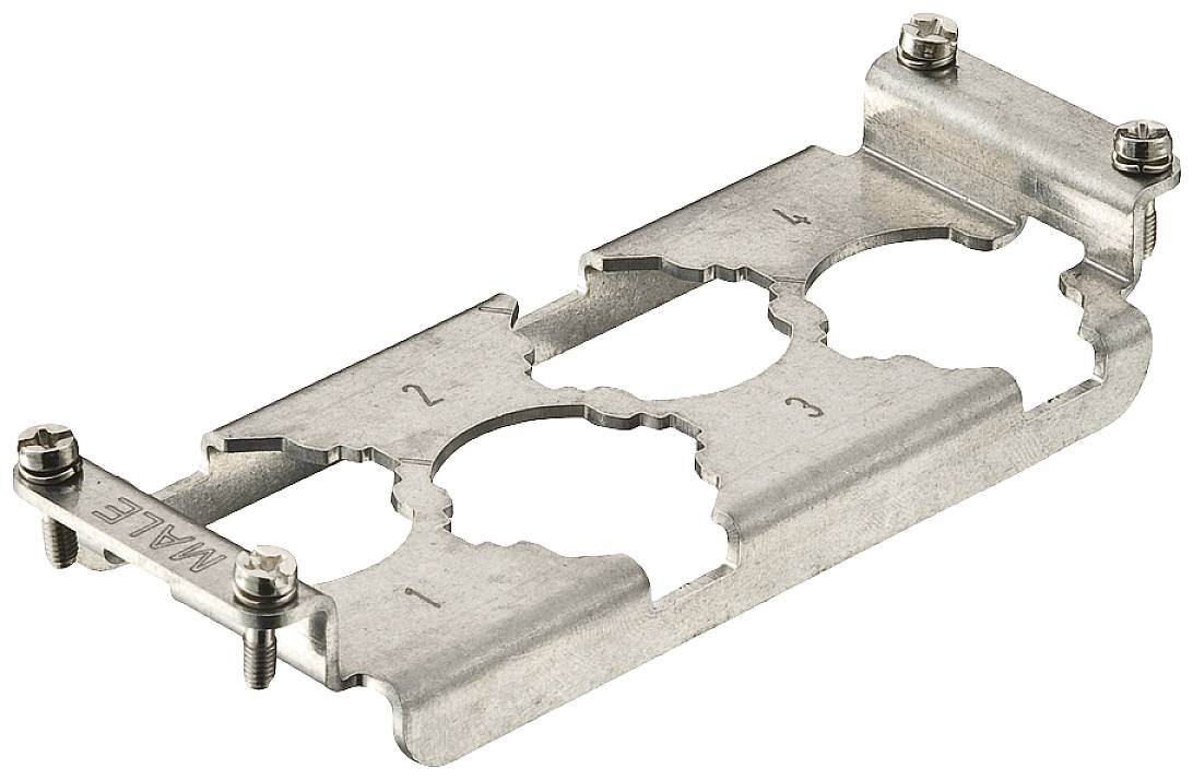 Metallhalterung mit Aufschrift 'MAREL', vier schraubbare Klemmen zur Befestigung an Oberflächen, Öffnungen für Kabel oder Rohrleitungen.