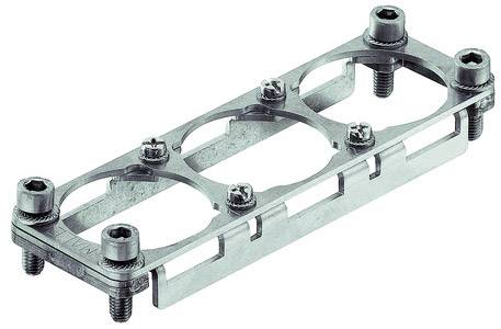 Metallische Halterung mit vier runden Aussparungen und sieben Schrauben.