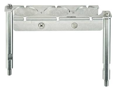 Metallhalterung mit zwei vertikalen Stangen und drei runden Ausschnitten, nummeriert mit '1' und '2'. Schrauben sichern die Struktur.