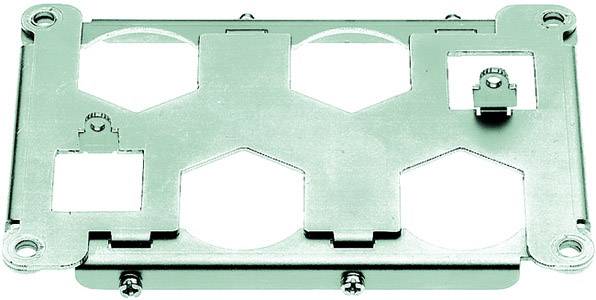 Ein silbernes Metallgehäuse mit mehreren Aussparungen und Befestigungslöchern, vermutlich zur Montage elektronischer Komponenten.