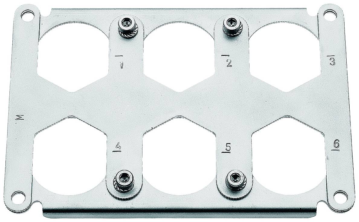 Metallplatte mit sechs kreisförmigen Ausschnitten, nummeriert von 1 bis 6. Schrauben in den Ecken sichern die Halterung.