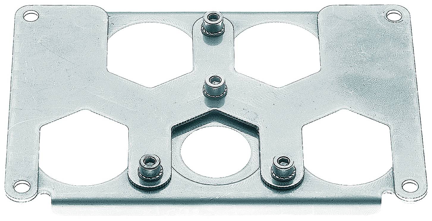 Metallplatte mit fünf Bolzenlöchern, die für die Befestigung mehrerer Bauteile vorgesehen ist.