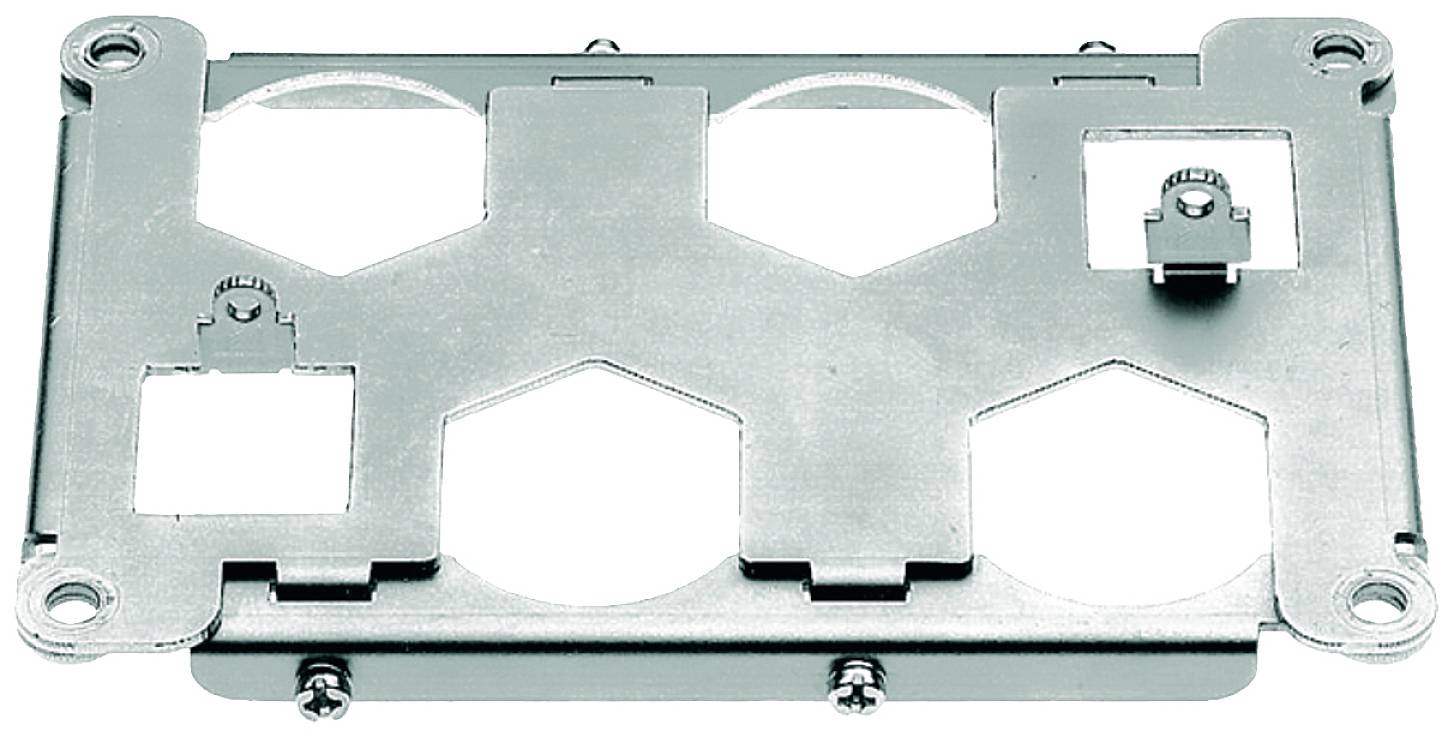 Metallhalterung mit mehreren Aussparungen zur Befestigung von Komponenten.